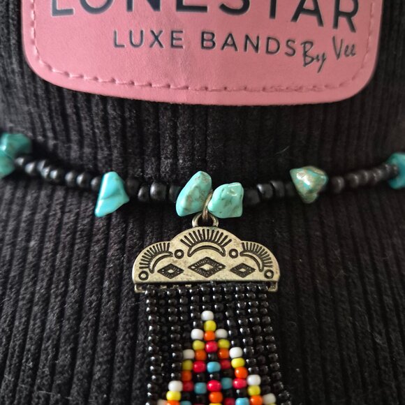 Southwestern Seed Bead Hat Band – Faux Turquoise & Black Beads - Picture 4 of 4